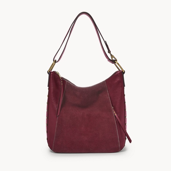 VTG Fossil Bordeaux Talia Hobo bag or crossbody suede & pebbled leather studded - Picture 4 of 16